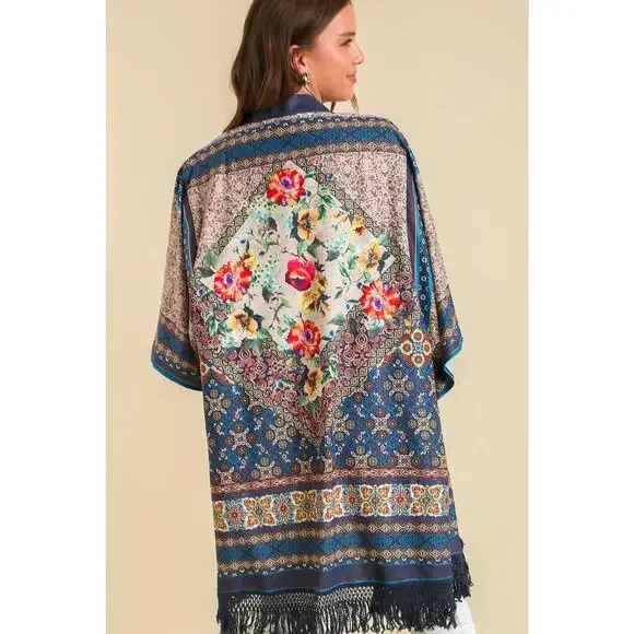 Umgee Full Size Fringe Hem Open Front Printed Kimono Sleeve Cover-Up Plus Size - Picture 3 of 3